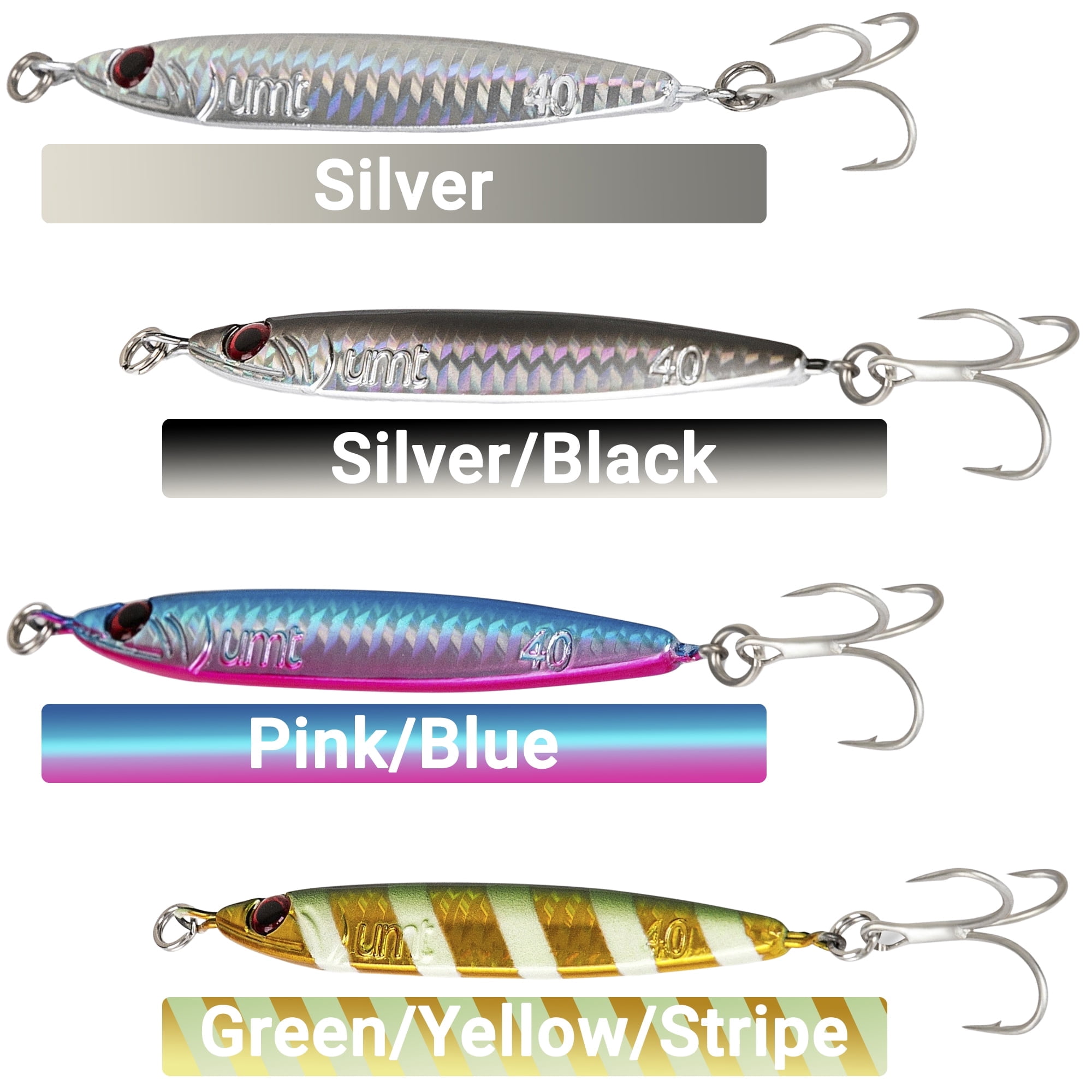 40g Multicolor Casting Jigs (4Pk) by UMT - Saltwater & Freshwater Fishing Jig for Sea Bass, Fluke, Porgy - Treble Hooks