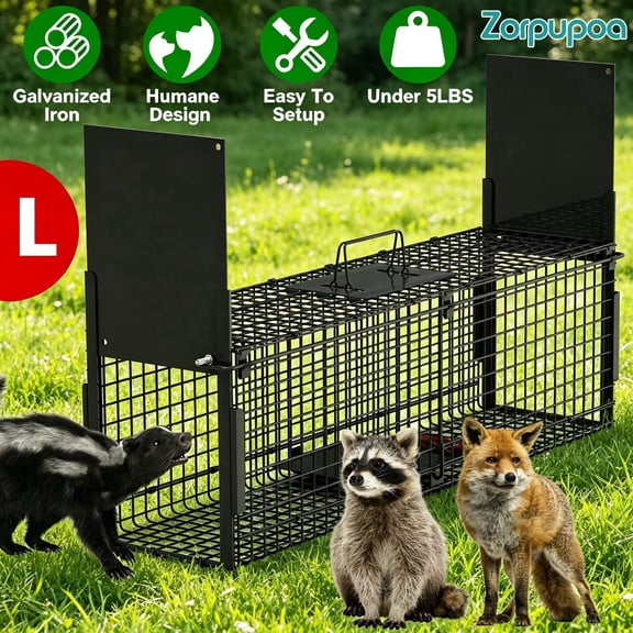 40in 2 Door Humane Live Animal Trap Cage, Galvanized Iron Easy Setup Trap for Small Animals Under 18 LBS Raccoons, Squirrel, Skunk, Mole, Groundhog, Armadillo, Rabbit, Catch and Release
