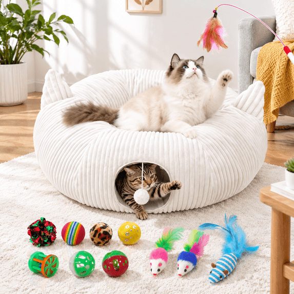 Large Cattery 40in Dia Large Plush Cat Tunnel For Indoor Cats Undermas Tree Skirt ...
