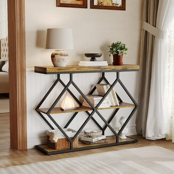 40in Entryway Console Table，3-Tier Industrial Console Table with Open Shelves，Sofa Table Behind The Couch for Hallway, Living Room, Foyer,Brown