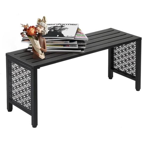 40in Outdoor Metal Bench, All-Weather Backless Patio Bench with Slatted SeatFloral Side Panels, Rust-Resistant Garden Bench, Weatherproof Outdoor Seating for Porch Entryway Backyard (Black)