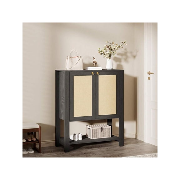40in Tall Farmhouse Rattan Shoe Storage Cabinet, Freestanding Wooden Shoe Rack with Adjustable & Open Shelves for Entryway Kitchen Living Room Bedroom, Gray Oak