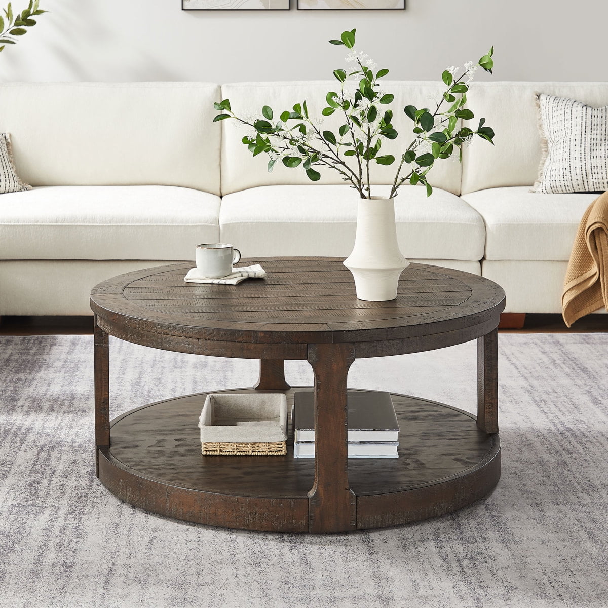40inch Large Curved 2 Tier Traditional Round Circle Wooden Center Coffee Table,Rounded Table with Wheels,Mid Century Rustic Style Table for living Room,Office,Apartment,OAK