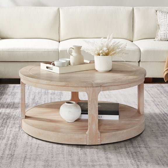 40inch Mid-Century 2 Tier and Storage Curved Round Wood Coffee Table with Wheels