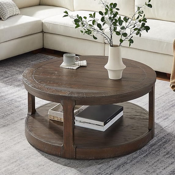 40inch Large Curved 2 Tier Traditional Round Circle Wooden Center Coffee Table,Rounded Wooden Table with Wheels ,Table for living Room,Office,Apartment,Brown