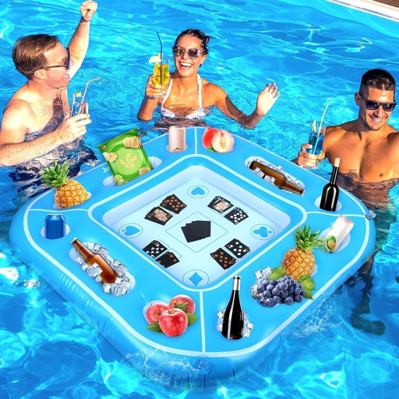 40inch Large Floating Games Table for Pool with Waterproof Playing Cards Inflatable Card Table Tray Food Pool Float Drinks Holder Containers Floating Swimming Game for Adult Beach Summer Party HotTub