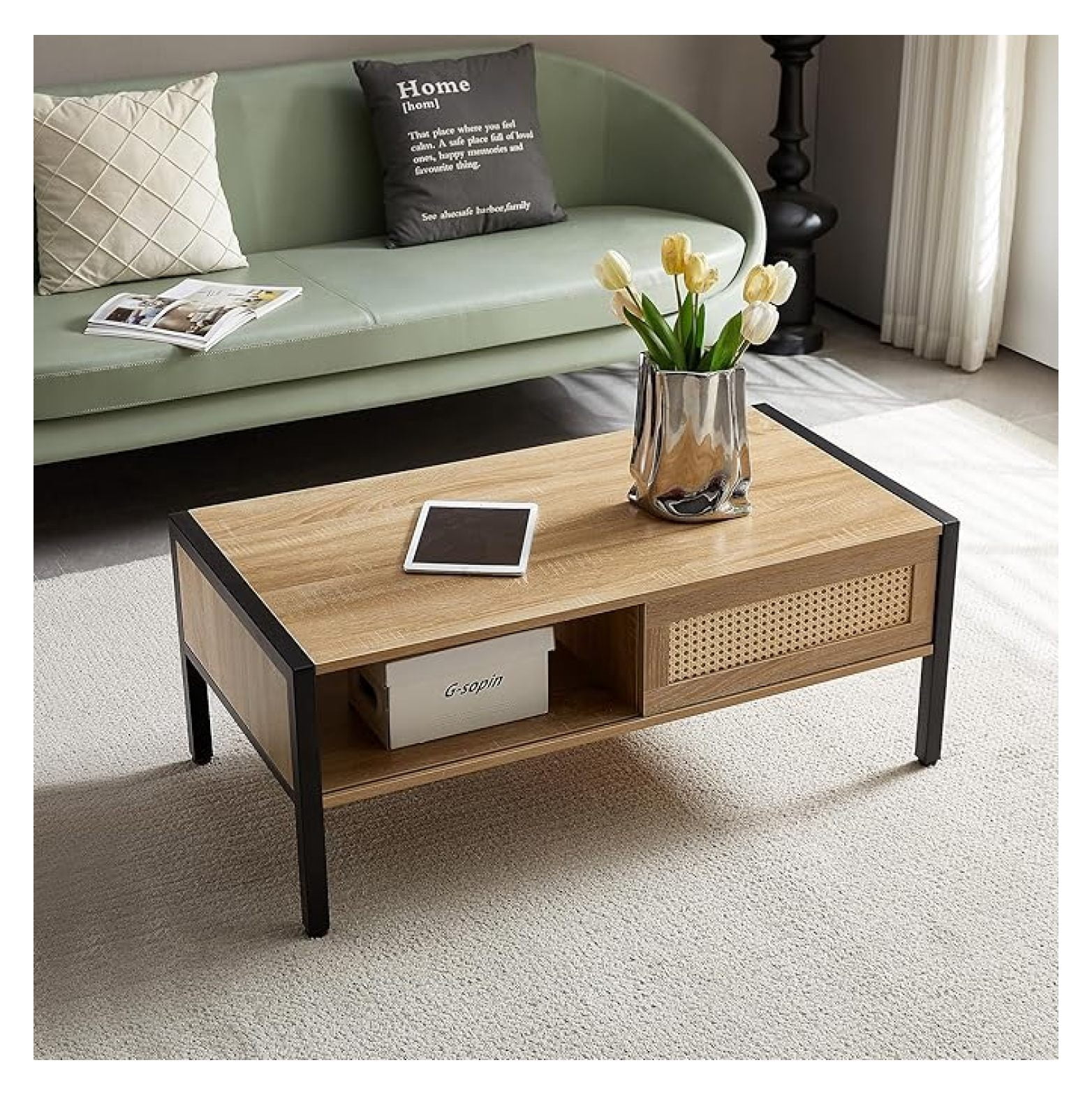 40inch Rattan Coffee Table with Sliding Door Storage Modern Metal Leg ...