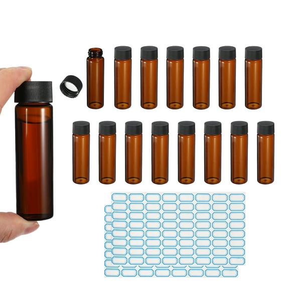 40ml Amber Glass Vials, 15 Pack Sample Vials with Screw Cap Reagent Media Bottle with Labels Leak-Proof Liquid Sample Glass Vial for Lab Laboratory