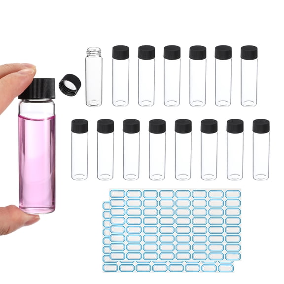 40ml Clear Glass Vials, 15 Pack Sample Vials with Screw Cap Reagent Media Bottle with Labels Leak-Proof Liquid Sample Glass Vial for Lab Laboratory
