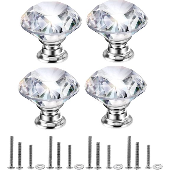 40mm Crystal Glass Knob, 4PCS Diamond Shape Pulls, Clear Glass Drawer Handle for Closet Cabinet, Kitchen Bathroom Cupboards, Dresser, Bookcase, Wardrobe