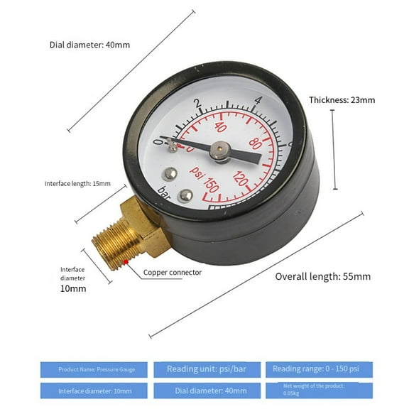 40mm Pressure Gauge 10mm Interface Filter Water Pressure Gauge Meter Lower Mount Vacuum Pressure Gauge