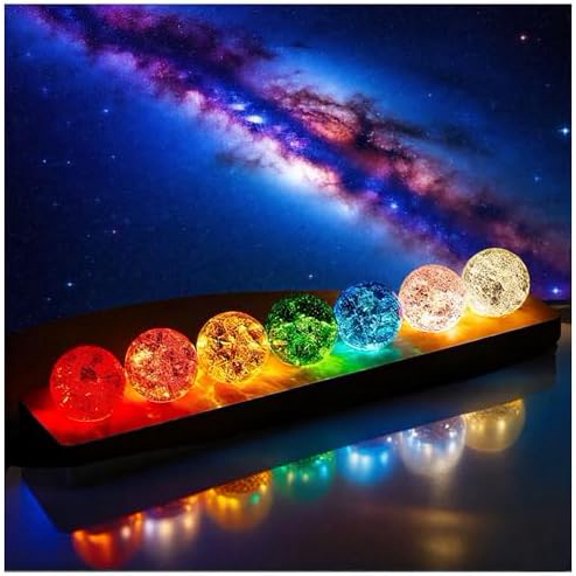 40mm Set of 7 Ice Cracked Glass Crystal Chakra Balls with LED Wooden Base - 7 Colors Healing Sphere, Night Light Decor for Home, Living Room, Meditation & Energy Balancing$$
