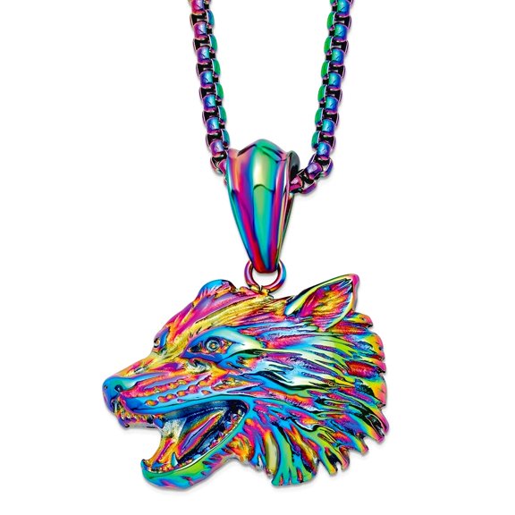40mm Stainless Steel Polished Rainbow Ip Plated Wolf Head Pendant a Box Chain Necklace 24 Inch Chain Necklace for Women