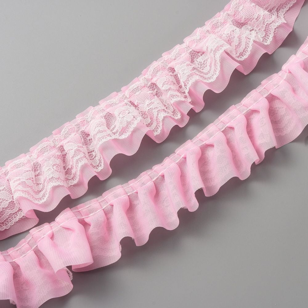 40ms Double-Layer Pleated Polyester Chiffon Lace Trim for Costume Decoration Pink 2 inch(50mm)DIY