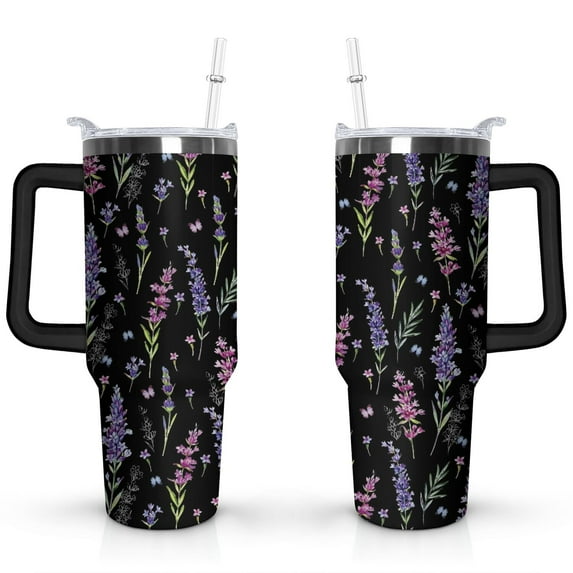 40oz Tumbler with Handle Lid and Straw,Bohemian Style Colorful Floral Vintage Tumblers Gifts for Women Girls Men Adults（Black）