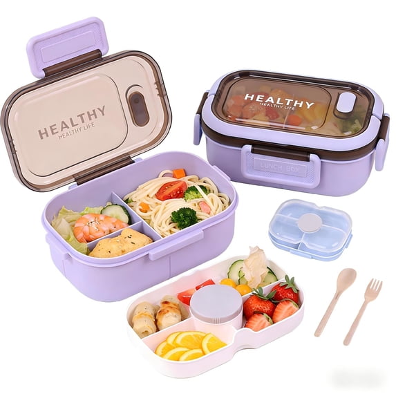 40oz 3 Compartment Bento Lunch Box with Seasoning Box & Utensil, Airtight Lockable Plastic Food Container, Portable Leakproof Lunch Box for Work Picnic,Purple