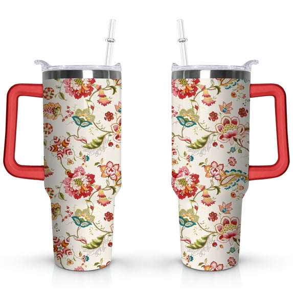 40oz Multicolored Flower Tumbler with Handle Lid and Straw,Bohemian Style Colorful Floral Vintage Tumblers Gifts for Women Girls Men Adults(Red)