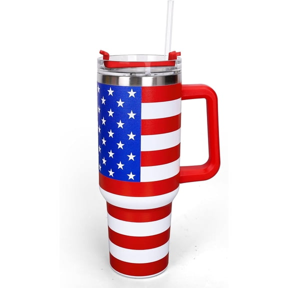 40oz 4th of July Patriotic Tumbler with Handle Straw and Lid Red Blue Stars Stripes USA Flag Travel Tumbler Independence Day Coffee Cup for Holiday Birthday Party Favors