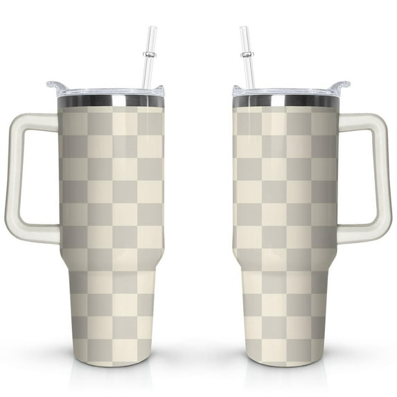 40oz Abstract Geometric Plaid Design Stainless Steel Flip Straw Tumbler Spill Proof Travel Cup Double Wall Vacuum Insulated Coffee Mug with Top Handle