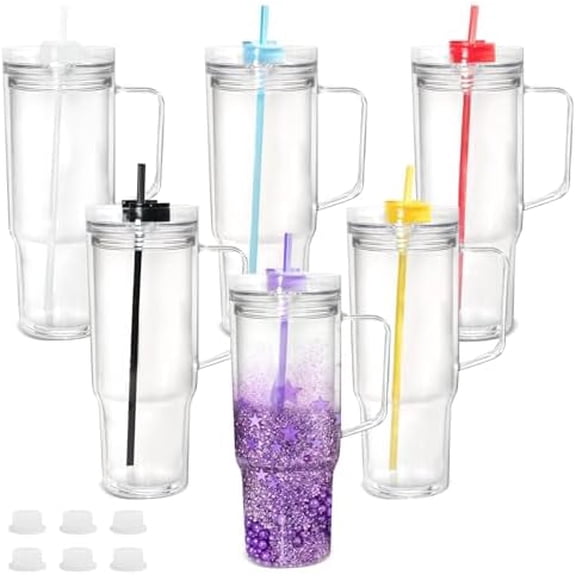 40oz Acrylic Snowglobe Tumbler, Pre Drilled Snow Globe Cup with Handle, Plastic Double Wall Snowglobe Cup for Glitter, Clear DIY Tumbler with Plug and Pre Hole