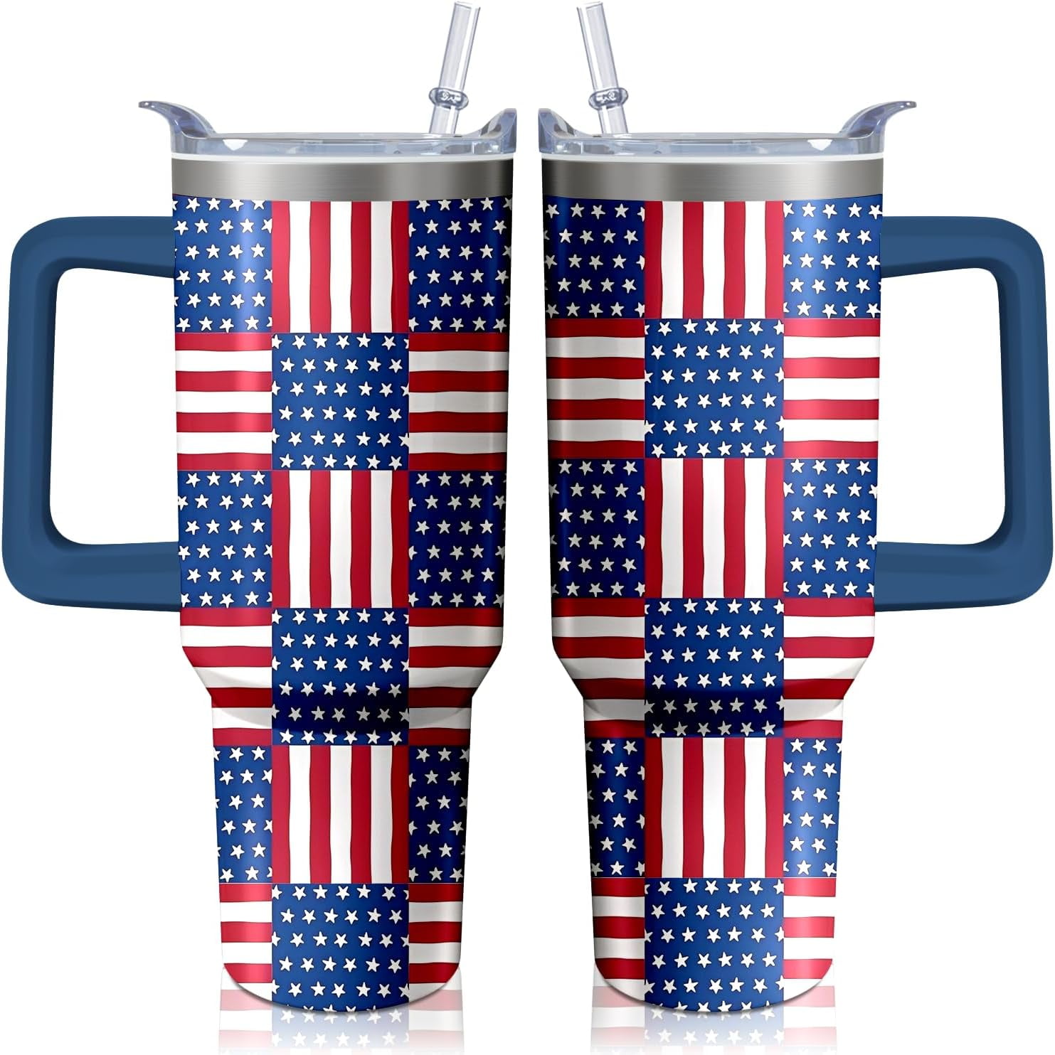 40oz American Flag Tumbler With Handle & Straw - Insulated Stainless Steel Cup For 4th Of July, Veterans Day Gifts