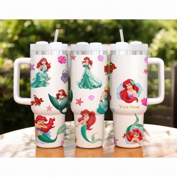 40oz Ariel Tumbler with Handle - Little Mermaid Princess Collage Cup, Ocean Sea Friends Insulated Travel Mug, Name Gift for Her