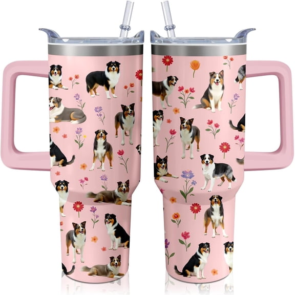 40oz Australian Shepherd Tumbler with Handle and Straw,Cute Dog Stainless Steel Insulated Cup with Lid and Straw,Travel Coffee Mug Water Bottle,Birthday Mothers Day Gifts for Women Men Animal Lovers
