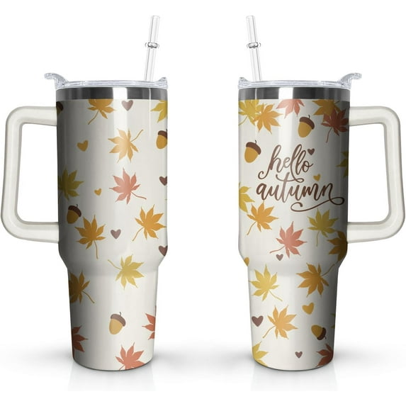 40oz Autumn Gift Fall Tumbler with Handle and straw, Pumpkin Maple Orange Leaves Stainless Steel Insulated Cup, Coffee Mug Water Bottle for Thanksgiving
