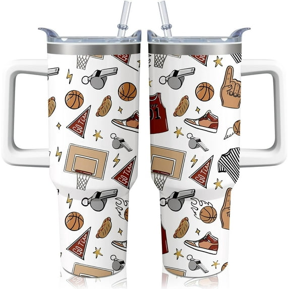 40oz Basketball Tumbler with Handle, Birthday Gift for Man, Sports Coach Insulated Stainless Steel Cup with Lid and Straws, Reusable Travel Coffee Mug Water Bottle