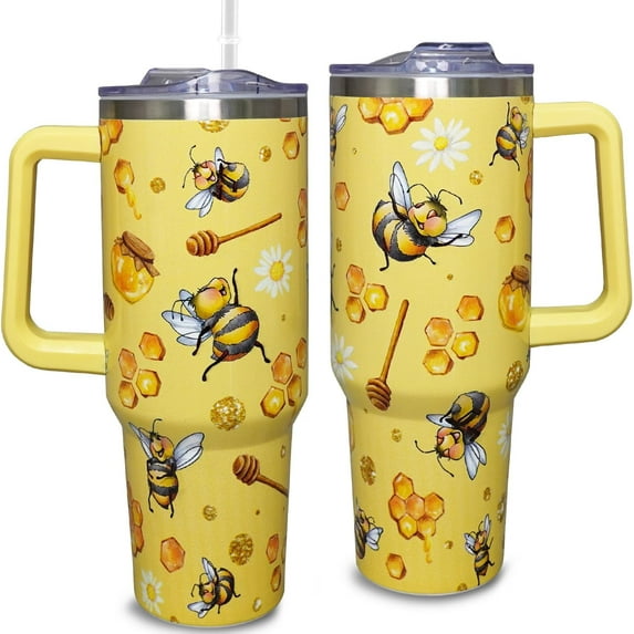 40oz Bee Tumbler With Handle Lid and Straw -Bee gifts for women Bee Travel Coffee Cup-Bee Gifts For Bee Lover-Bee Mugs