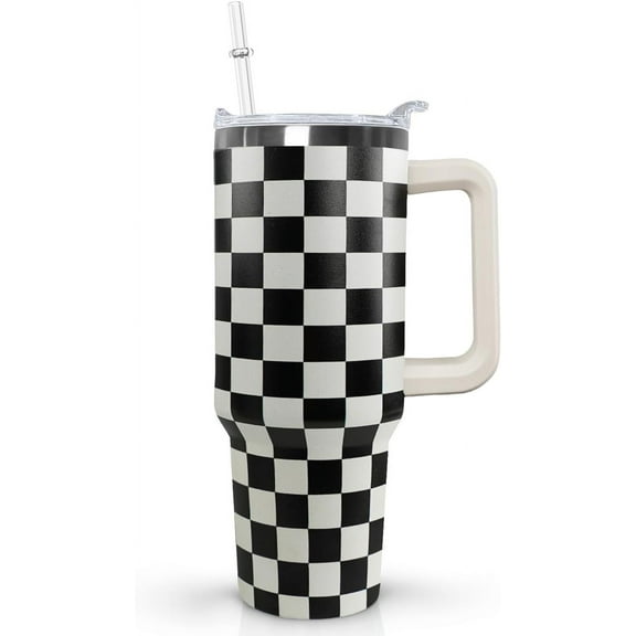 40oz Black and White Checkered Tumbler with Handle, Lid & Straw - Insulated Travel-Ready Water Bottle Coffee Mug - Checkered Gifts for Women & Men