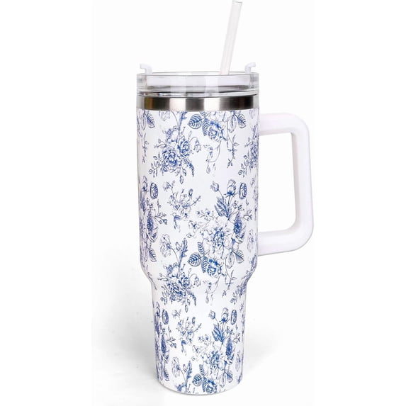 40oz Blue Flower Tumbler with Handle Straw and Lid Spring Travel Tumbler Chinoiserie Toile Floral Coffee Cup for Women Friend Holiday Birthday