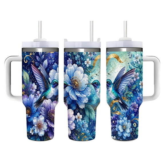 40oz Blue Hummingbird and Floral Art Pattern Stainless Steel Tumbler， Tumbler with Handle and Straw Double Wall Vacuum Insulated Travel Mug， Coffee Cups With Lids