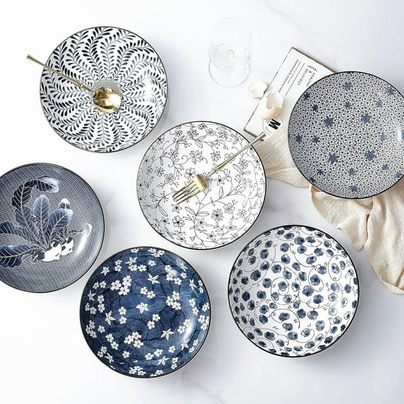 40oz Blue and White Ceramic Pasta Bowls Set of 6, Microwave and Oven Safe Large Salad Serving Dishes