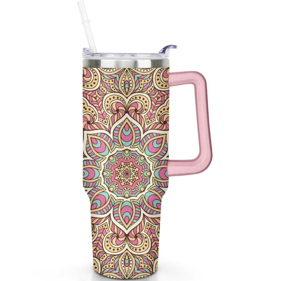 40oz Boho Mandala Travel Must Have Tumbler with Handle, Leak Proof Flip Straw Lid, Vacuum Insulated Stainless Steel Cup Gift