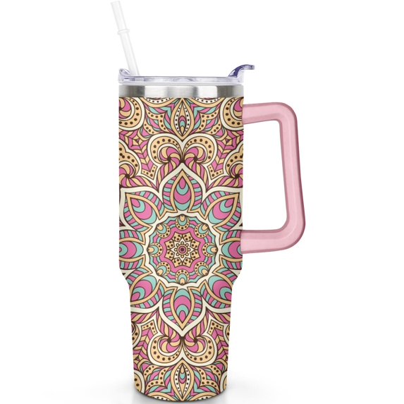 40oz Boho Mandala Travel Must Have Tumbler with Handle, Leak Proof Flip Straw Lid, Vacuum Insulated Stainless Steel Cup Gift