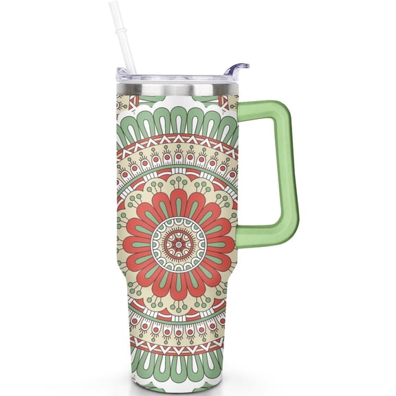40oz Boho Mandala Travel Must Have Tumbler with Handle, Leak Proof Flip Straw Lid, Vacuum Insulated Stainless Steel Cup Gift
