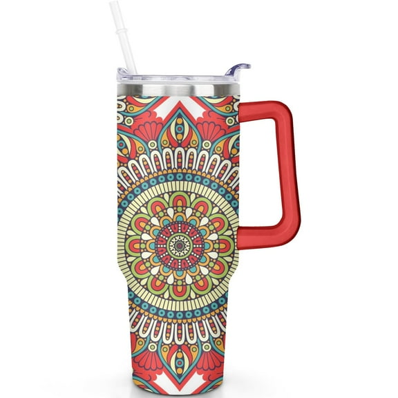 40oz Boho Mandala Tumbler with Handle, Leak Proof Flip Straw Lid, Vacuum Insulated Travel Cup – Perfect Gift for Travel Fans