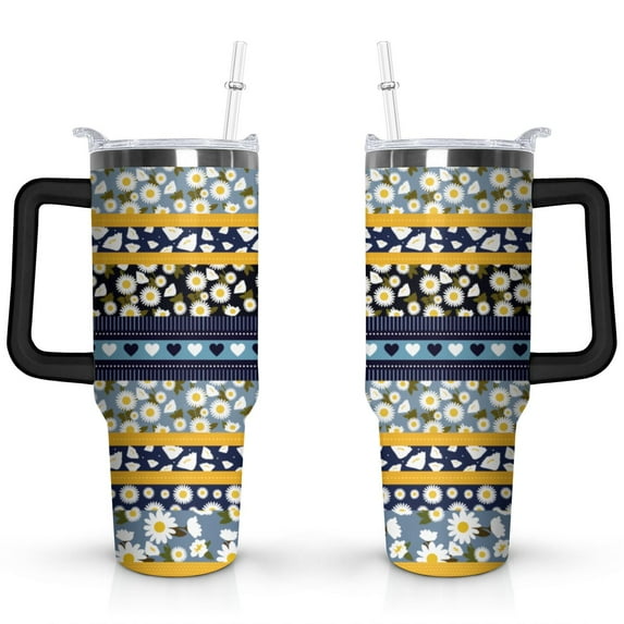 40oz Boho Patchwork Tumbler with Handle Lid and Straw,Bohemian Style Colorful Floral Tumblers Gifts for Women Girls Men Adults（Black）