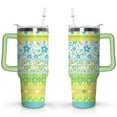 thumbnail image 1 of 40oz Boho Patchwork Tumbler with Handle Lid and Straw,Bohemian Style Colorful Floral Tumblers Gifts for Women Girls Men Adults（Light-green）, 1 of 7