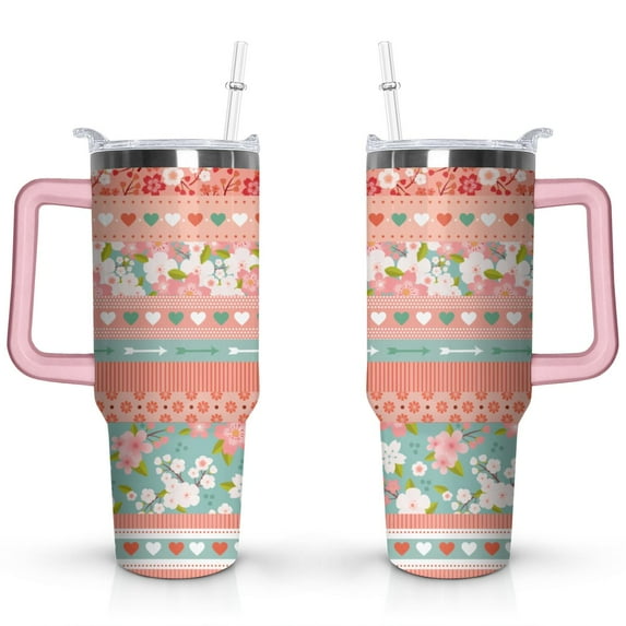40oz Boho Patchwork Tumbler with Handle Lid and Straw,Bohemian Style Colorful Floral Tumblers Gifts for Women Girls Men Adults（Pink）