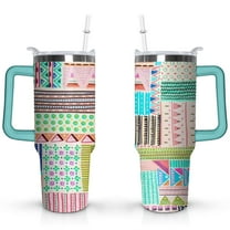 40oz Boho Patchwork Tumbler with Handle Lid and Straw,Bohemian Style Tumblers Gifts for Women Girls Men Adults（Greenish-blue）