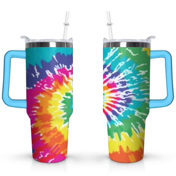 40oz Boho Tie Dye Stainless Steel Flip Straw Tumbler Spill Proof Travel Cup Double Wall Vacuum Insulated Coffee Mug with Top Handle