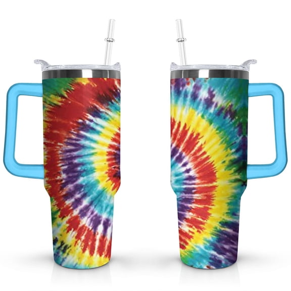 40oz Boho Tie Dye Stainless Steel Flip Straw Tumbler Spill Proof Travel Cup Double Wall Vacuum Insulated Coffee Mug with Top Handle