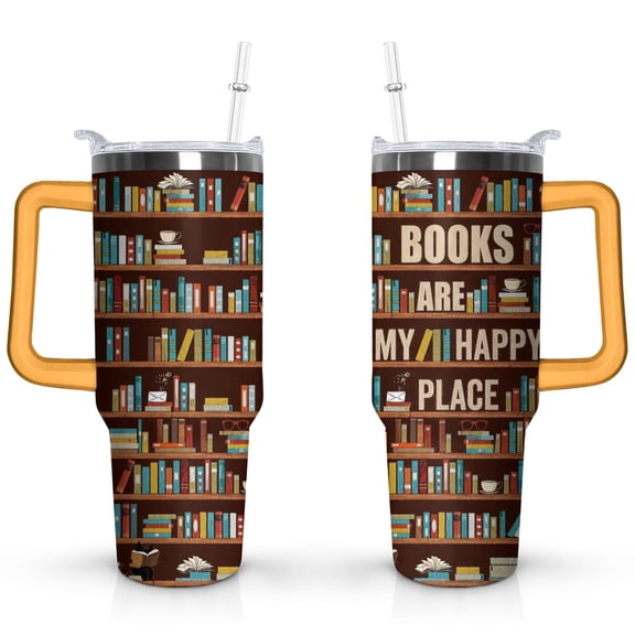40oz Bookshelf Book Lover Stainless Steel Flip Straw Tumbler Spill Proof Travel Cup Double Wall Vacuum Insulated Coffee Mug with Handle