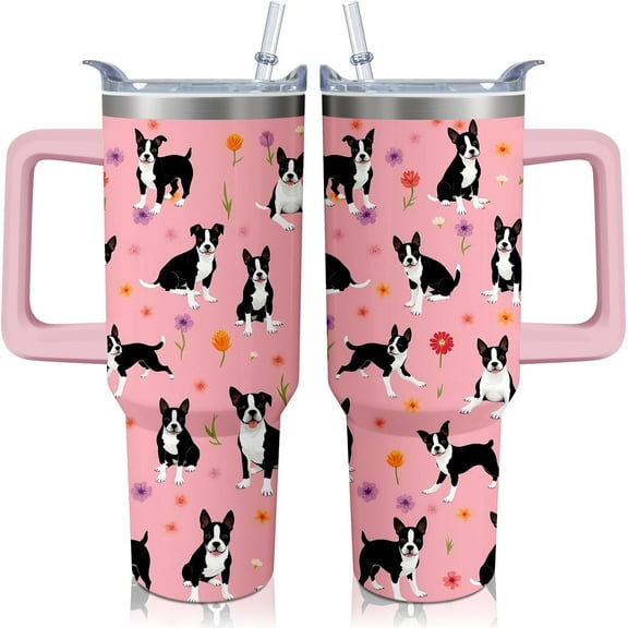 40oz Boston Terrier Dog Tumbler with Handle and Straw, Funny Stainless Steel Insulated Cup with Lid and Straw, Travel Coffee Mug Water Bottle, Birthday Mothers Day Gifts for Women Men Animal Lovers