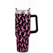 40oz Breast Cancer Awareness Tumbler with Handle Straw and Lid Black Pink Ribbon Travel Tumbler Coffee Cup for Women Cancer Survivor Gift
