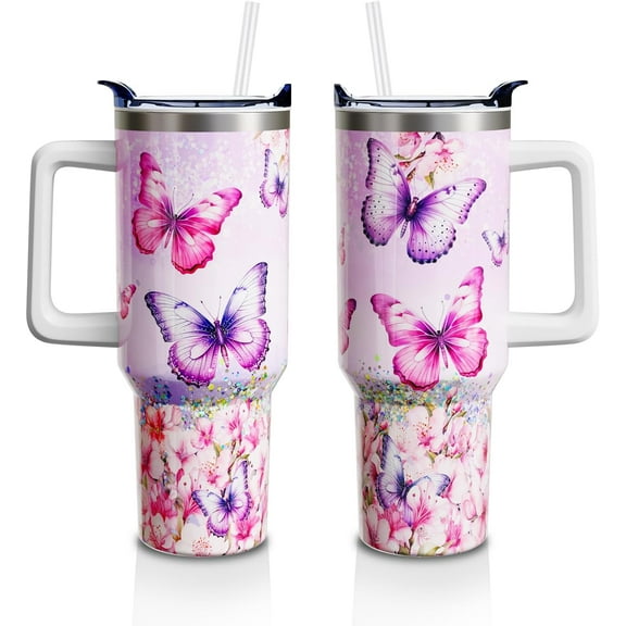 40oz Butterfly Design Tumbler with Handle & Straw Lid - Stainless Steel Insulated Travel Cup | Leakproof, Keeps Drinks Hot/Cold | Gift for Women