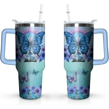 40oz Butterfly Tumbler with Handle and Straw Blue Insulated Cup with Leakproof Lid Coffee Mug Travel Drinking Cups Birthday Gifts for Men Women