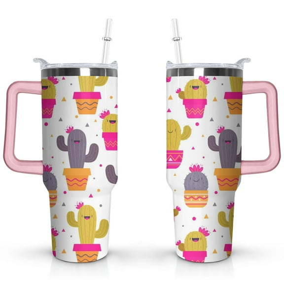 40oz Cactus Pattern Stainless Steel Flip Straw Tumbler Spill Proof Travel Cup Double Wall Vacuum Insulated Coffee Mug with Top Handle